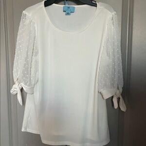 CeCe Cream Blouse with Sheer Polka Dot Sleeves